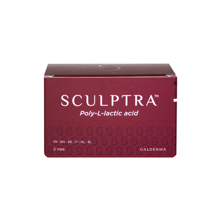 Sculptra 2 Vials packaging showing Poly-L-lactic acid by Galderma for facial rejuvenation.