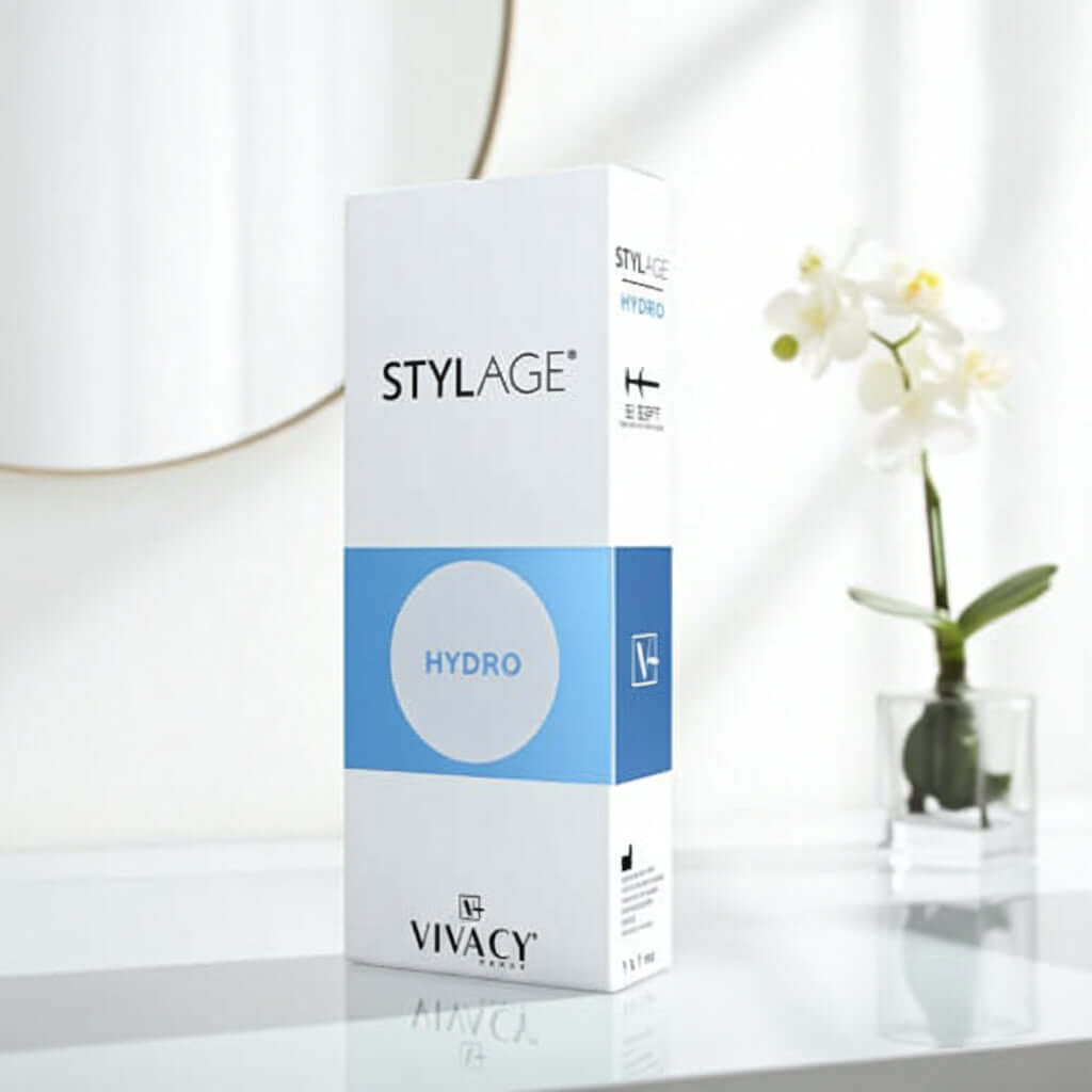 Stylage Bi-Soft Hydro 1 x 1 ml packaging displayed on a clean surface with an orchid in the background.