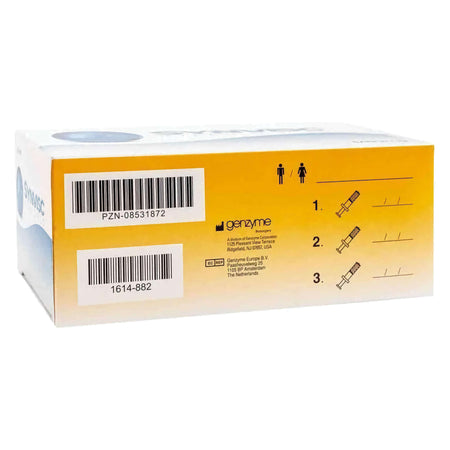 Envase de Synvisc 16 mg 2 ml (3 uds.) que muestra información detallada del producto y códigos de barras.