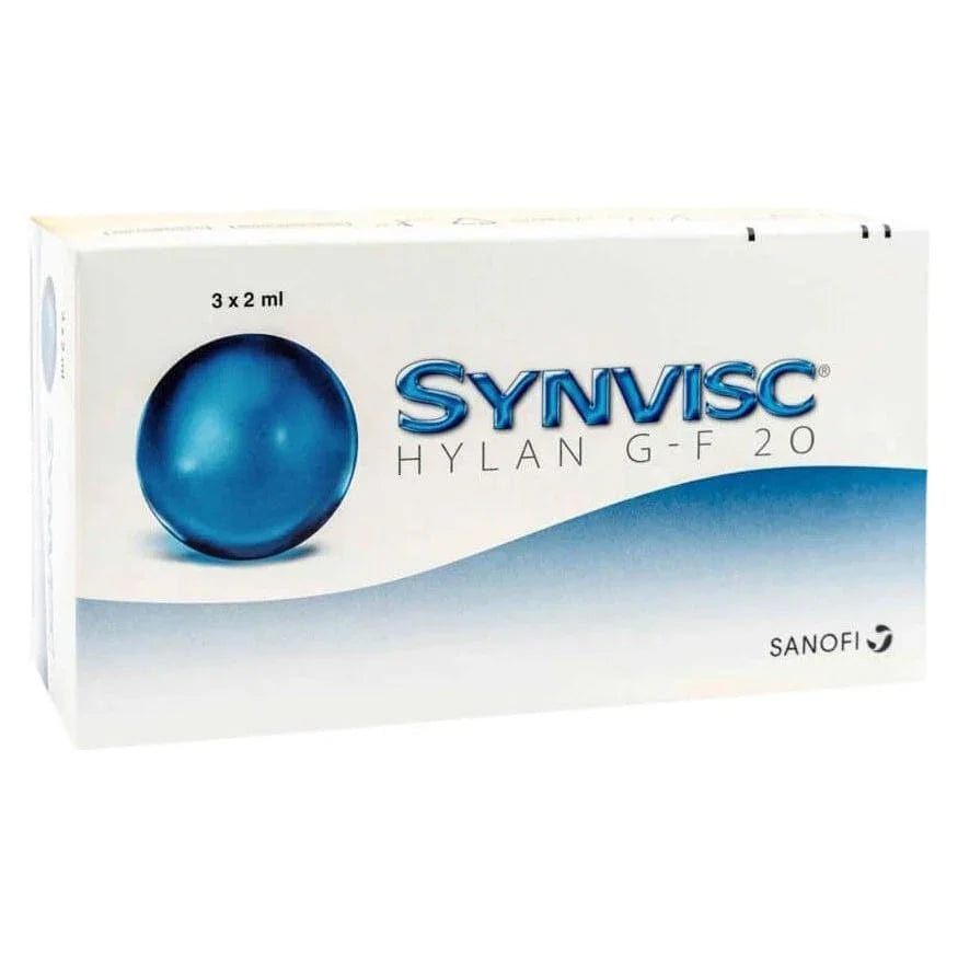 Synvisc 16 mg 2 ml (3 Stk.) packaging featuring Hylan G-F 20 sterile injections by Sanofi.