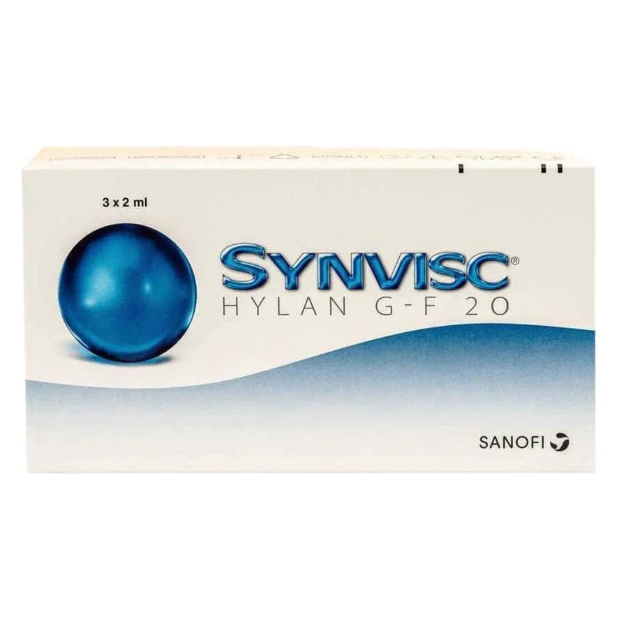 Synvisc 16 mg 2 ml (3 Stk.) – Verpackung mit 3 Spritzampullen von Sanofi-Aventis.