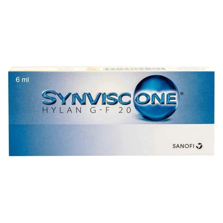 Synvisc One 48 mg 6 ml packaging featuring Hylan G-F 20 from Sanofi.