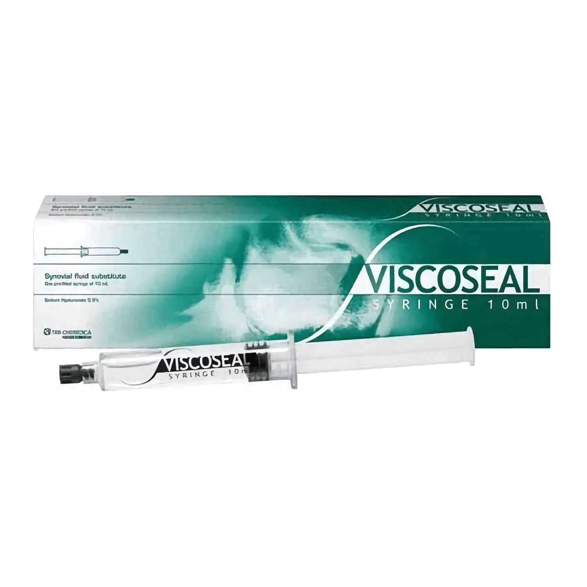 Viscoseal 50 mg 10 ml syringe packaging and syringe for joint support after arthroscopic procedures.
